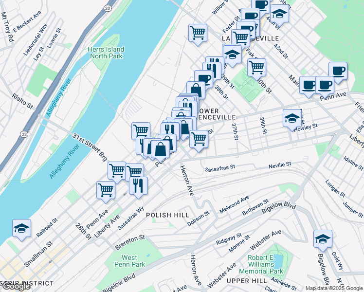 map of restaurants, bars, coffee shops, grocery stores, and more near 207 34th Street in Pittsburgh