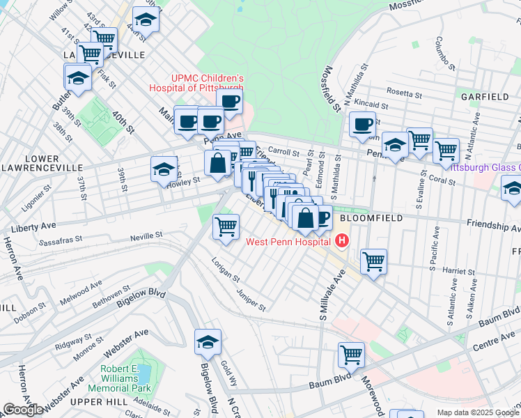 map of restaurants, bars, coffee shops, grocery stores, and more near 4518 Liberty Avenue in Pittsburgh