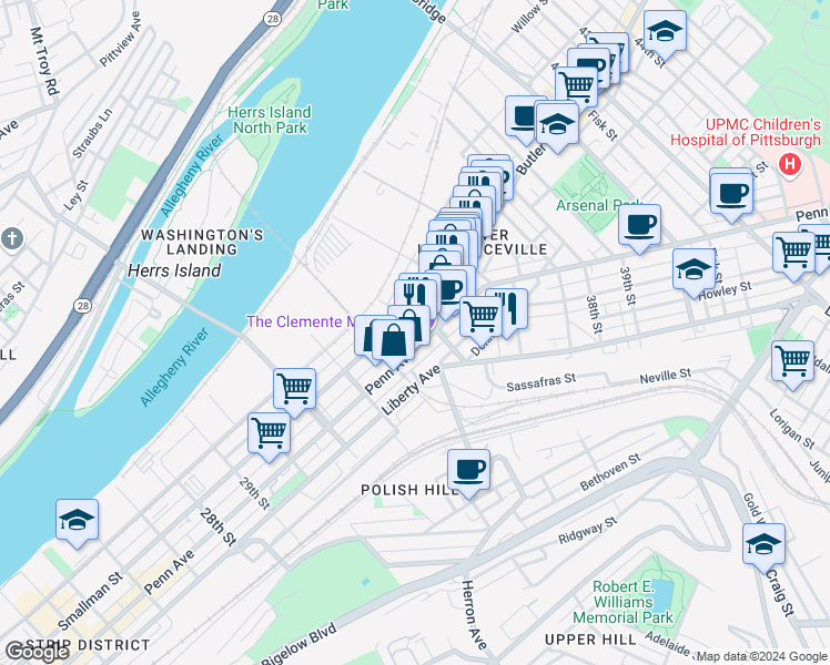 map of restaurants, bars, coffee shops, grocery stores, and more near 3338 Mulberry Street in Pittsburgh