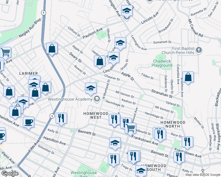 map of restaurants, bars, coffee shops, grocery stores, and more near 7013 Mount Vernon Street in Pittsburgh