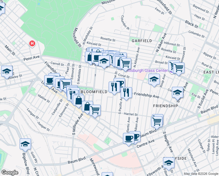 map of restaurants, bars, coffee shops, grocery stores, and more near 273 South Winebiddle Street in Pittsburgh