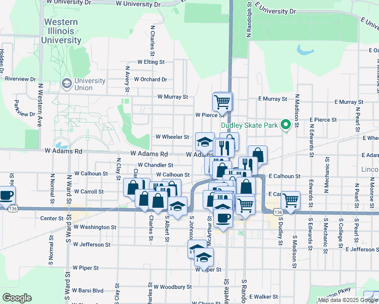 map of restaurants, bars, coffee shops, grocery stores, and more near 302 West Adams Road in Macomb