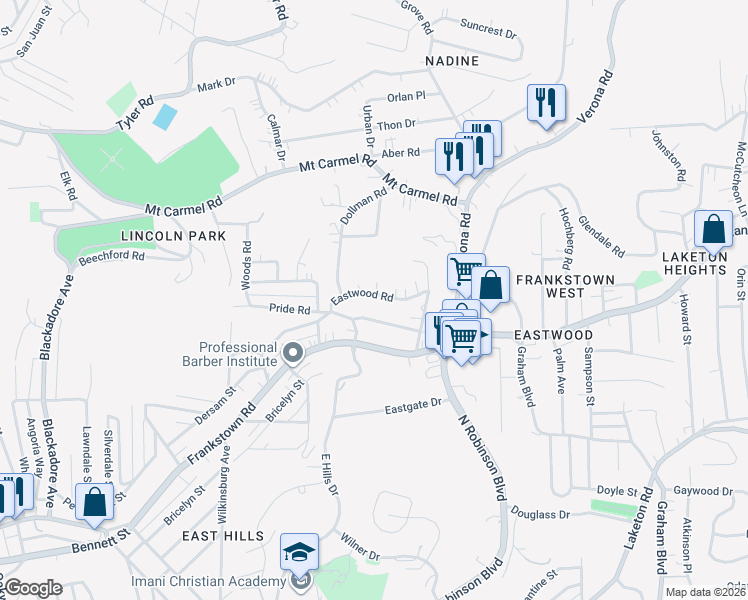 map of restaurants, bars, coffee shops, grocery stores, and more near 8962 Eastwood Road in Pittsburgh