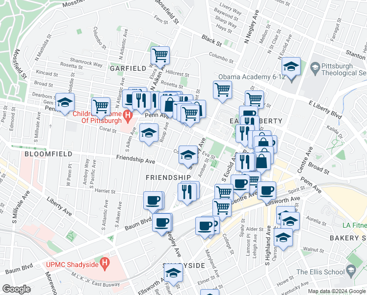 map of restaurants, bars, coffee shops, grocery stores, and more near 137 Stratford Avenue in Pittsburgh