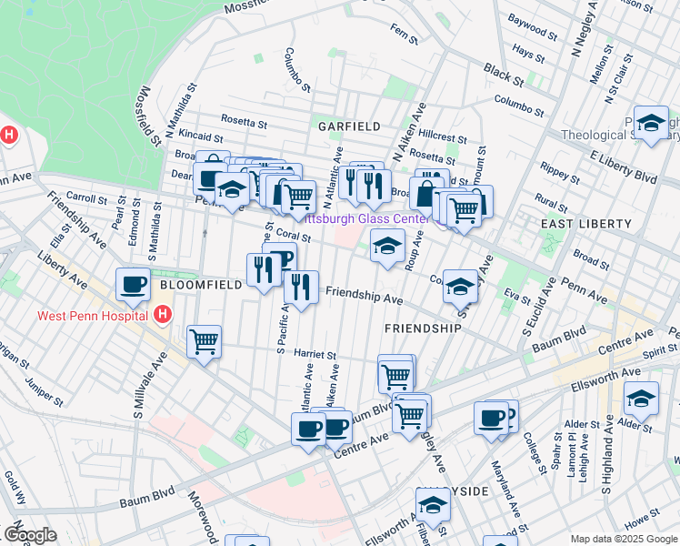 map of restaurants, bars, coffee shops, grocery stores, and more near 230 South Aiken Avenue in Pittsburgh