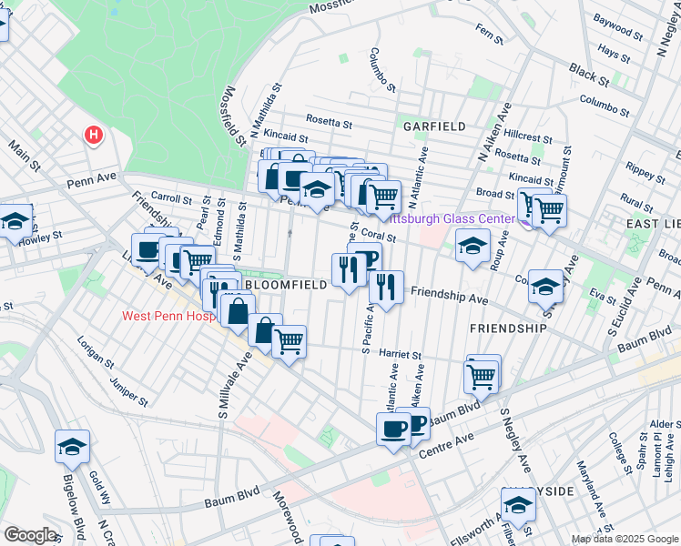 map of restaurants, bars, coffee shops, grocery stores, and more near 273 South Winebiddle Street in Pittsburgh
