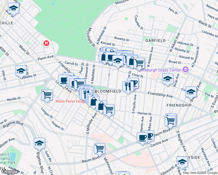 map of restaurants, bars, coffee shops, grocery stores, and more near in Pittsburgh