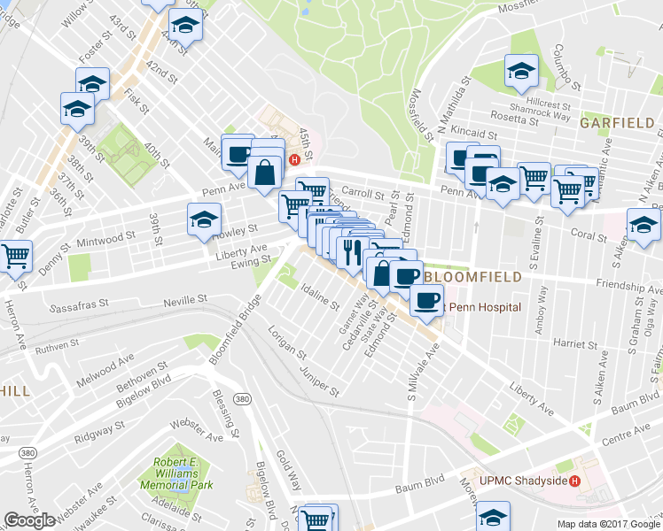 map of restaurants, bars, coffee shops, grocery stores, and more near 4518 Liberty Avenue in Pittsburgh