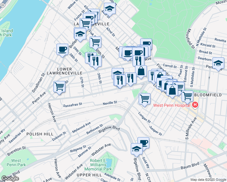 map of restaurants, bars, coffee shops, grocery stores, and more near 3946 Liberty Avenue in Pittsburgh
