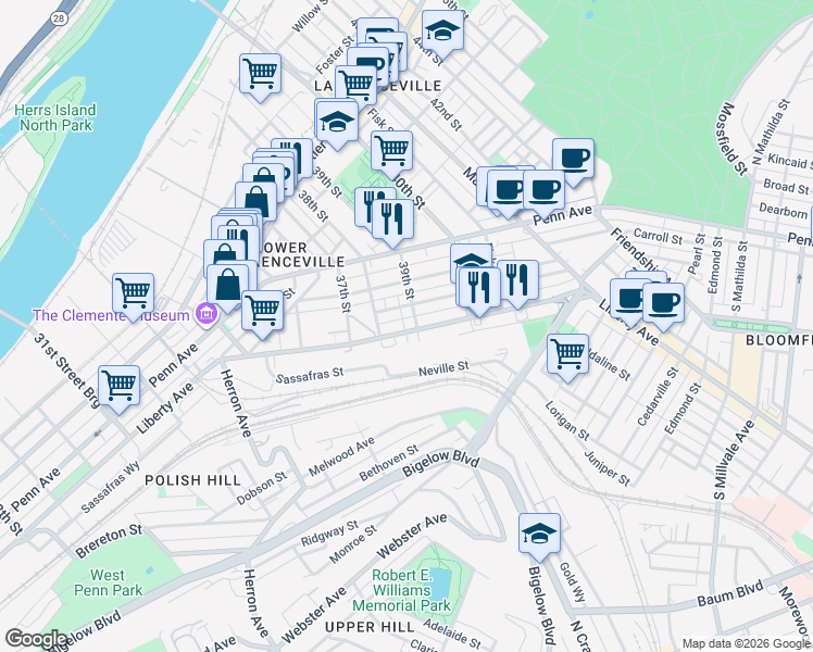 map of restaurants, bars, coffee shops, grocery stores, and more near 3809 Liberty Avenue in Pittsburgh