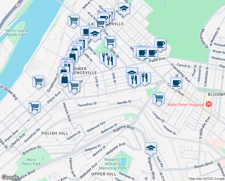 map of restaurants, bars, coffee shops, grocery stores, and more near 3809 Liberty Avenue in Pittsburgh