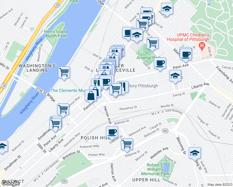 map of restaurants, bars, coffee shops, grocery stores, and more near 3500 Denny Street in Pittsburgh