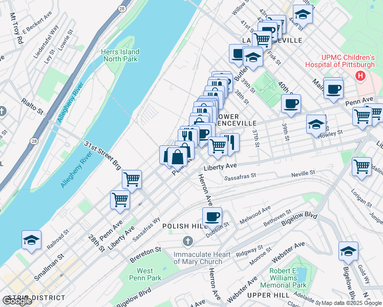 map of restaurants, bars, coffee shops, grocery stores, and more near 3338 Mulberry Street in Pittsburgh