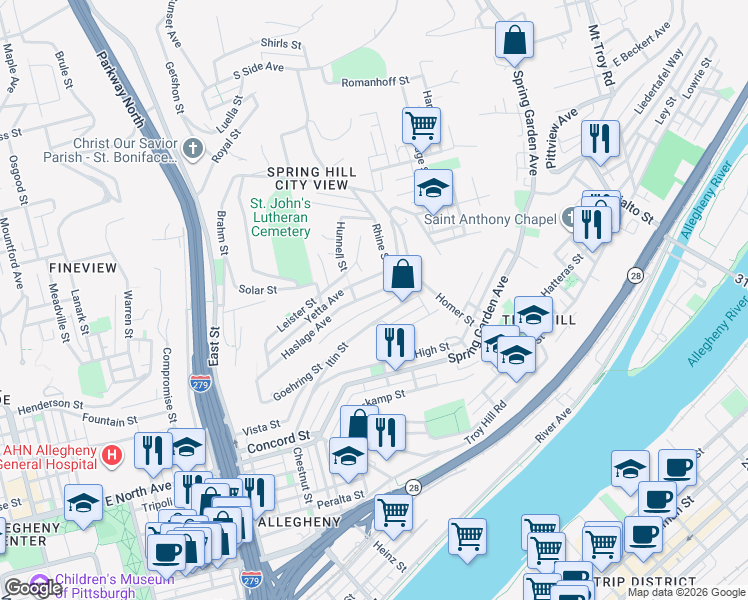 map of restaurants, bars, coffee shops, grocery stores, and more near 175 Zang Way in Pittsburgh