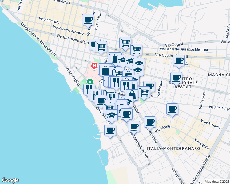 map of restaurants, bars, coffee shops, grocery stores, and more near 18-22 Via Japigia in Taranto