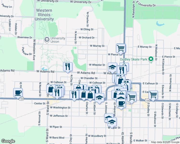 map of restaurants, bars, coffee shops, grocery stores, and more near 424 West Adams Street in Macomb