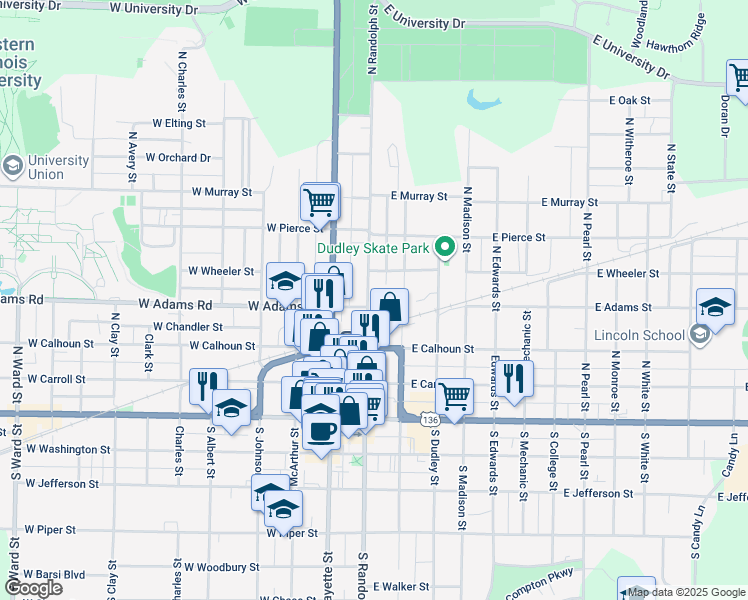 map of restaurants, bars, coffee shops, grocery stores, and more near 405 North Randolph Street in Macomb