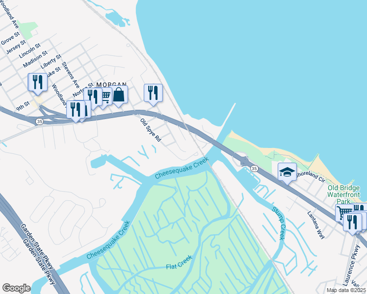 map of restaurants, bars, coffee shops, grocery stores, and more near 99 Morgan Avenue in South Amboy