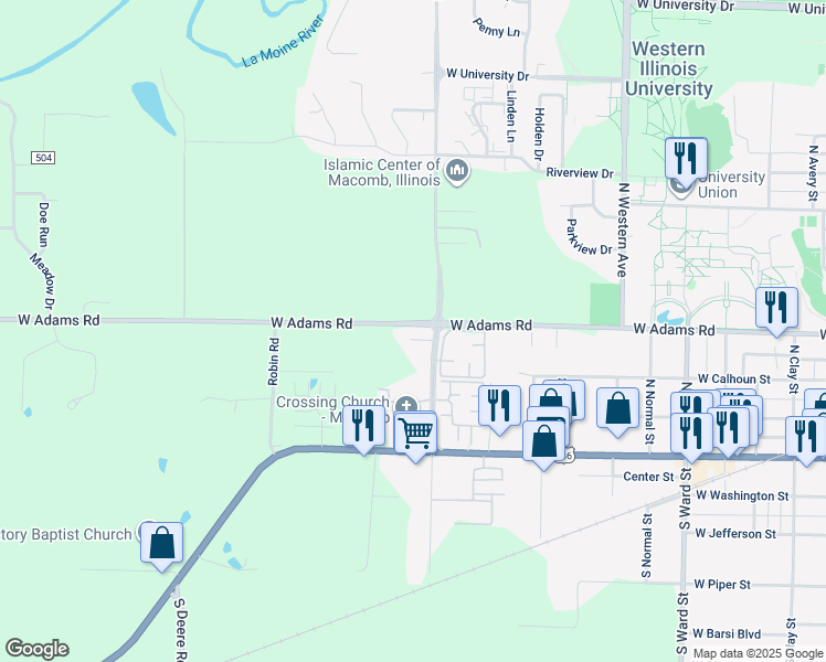 map of restaurants, bars, coffee shops, grocery stores, and more near 1613 West Adams Road in Macomb
