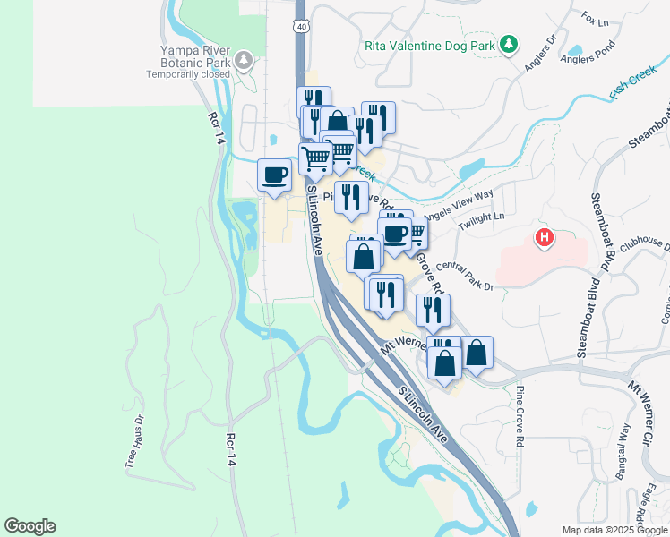 map of restaurants, bars, coffee shops, grocery stores, and more near 420 Ore House Plaza in Steamboat Springs