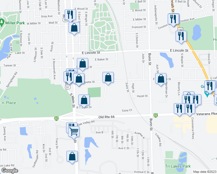 map of restaurants, bars, coffee shops, grocery stores, and more near 1610 R T Dunn Drive in Bloomington