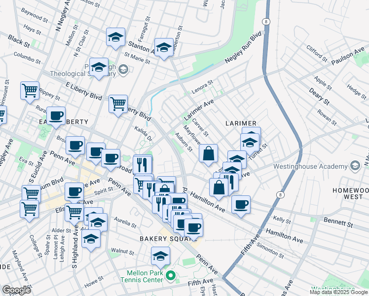 map of restaurants, bars, coffee shops, grocery stores, and more near 152 Auburn Street in Pittsburgh