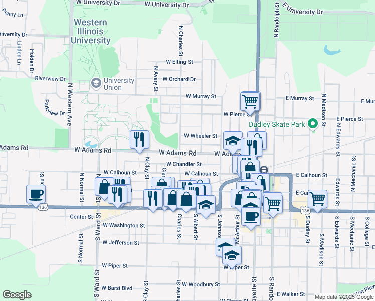 map of restaurants, bars, coffee shops, grocery stores, and more near 420 West Adams Street in Macomb