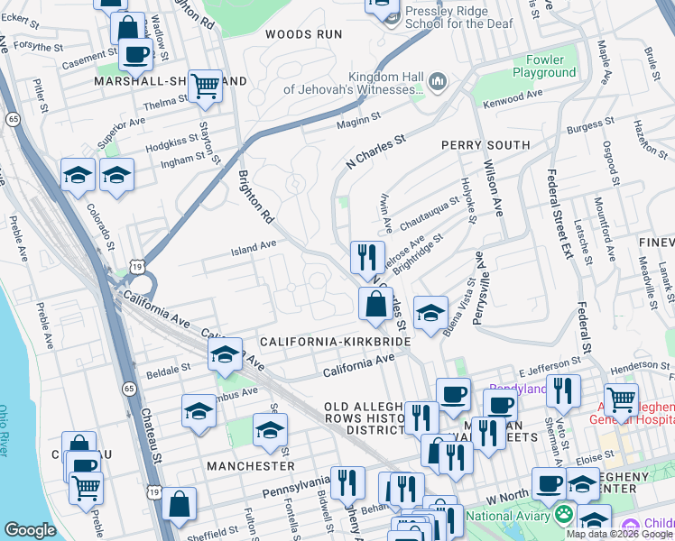 map of restaurants, bars, coffee shops, grocery stores, and more near 2153 Brighton Road in Pittsburgh