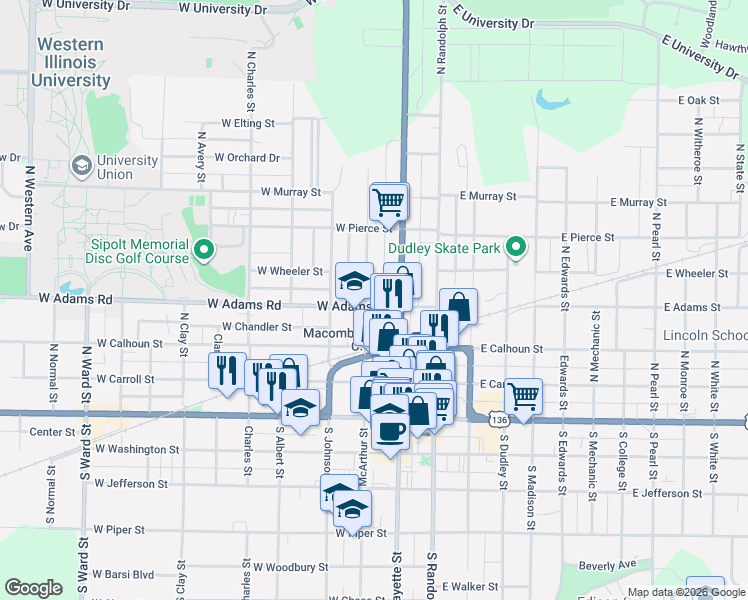 map of restaurants, bars, coffee shops, grocery stores, and more near 128 West Adams Road in Macomb