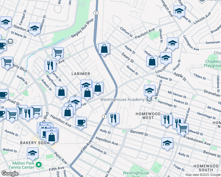 map of restaurants, bars, coffee shops, grocery stores, and more near 352 Renfrew Street in Pittsburgh