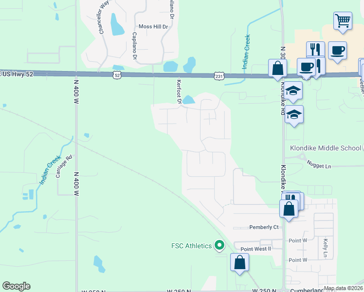 map of restaurants, bars, coffee shops, grocery stores, and more near 3496 Withrow Lane in West Lafayette