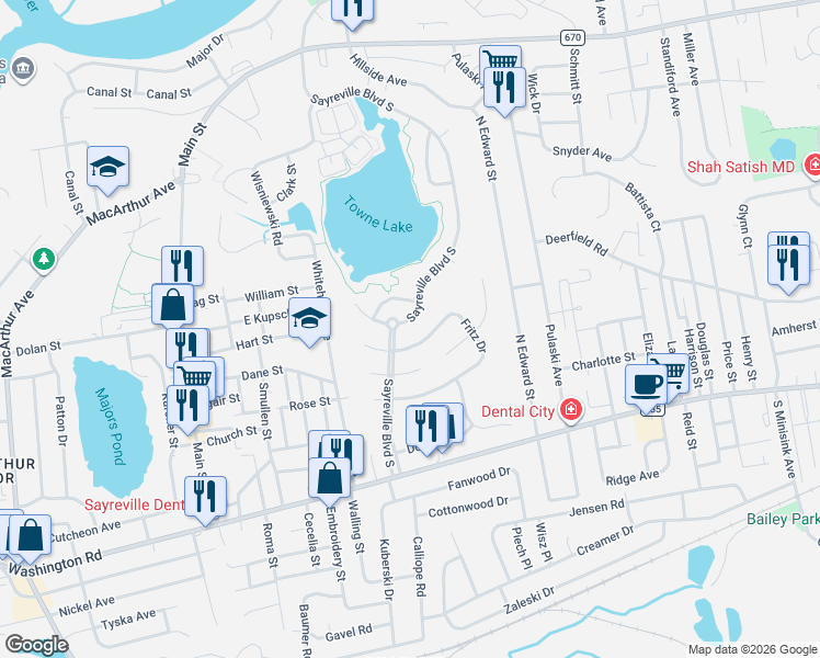 map of restaurants, bars, coffee shops, grocery stores, and more near 9 Fritz Drive in Sayreville