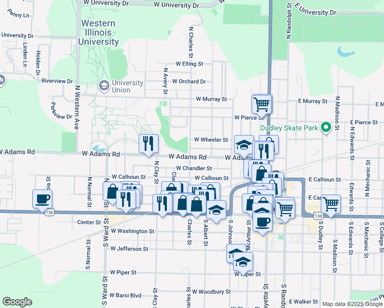 map of restaurants, bars, coffee shops, grocery stores, and more near 434 West Adams Street in Macomb