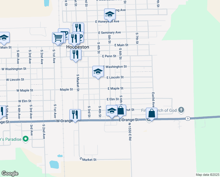 map of restaurants, bars, coffee shops, grocery stores, and more near 601 East Maple Street in Hoopeston