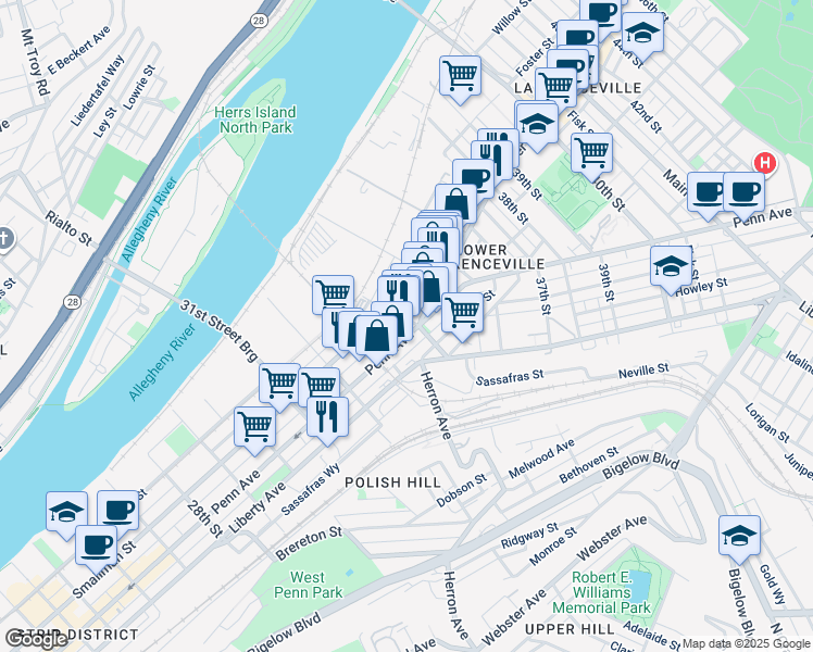 map of restaurants, bars, coffee shops, grocery stores, and more near 3338 Mulberry Street in Pittsburgh