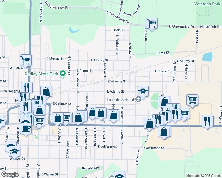 map of restaurants, bars, coffee shops, grocery stores, and more near 410 North Monroe Street in Macomb