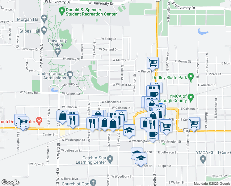 map of restaurants, bars, coffee shops, grocery stores, and more near 416 West Adams Road in Macomb