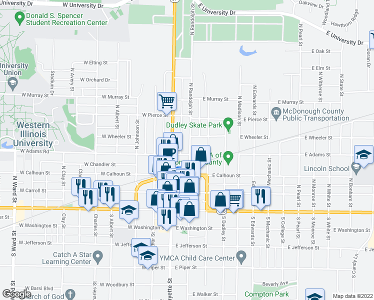 map of restaurants, bars, coffee shops, grocery stores, and more near 408 North Randolph Street in Macomb