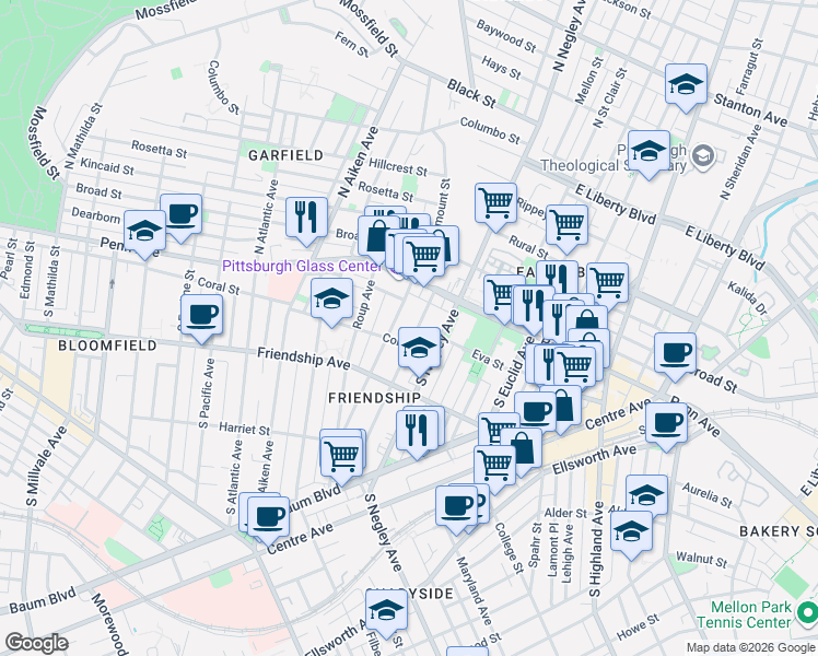 map of restaurants, bars, coffee shops, grocery stores, and more near 137 Stratford Avenue in Pittsburgh