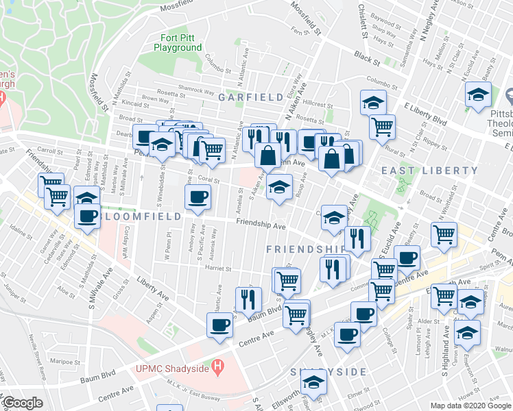 map of restaurants, bars, coffee shops, grocery stores, and more near 214 South Graham Street in Pittsburgh