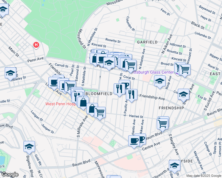 map of restaurants, bars, coffee shops, grocery stores, and more near 273 South Winebiddle Street in Pittsburgh