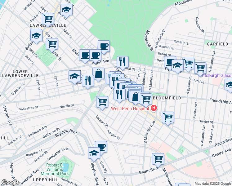 map of restaurants, bars, coffee shops, grocery stores, and more near 4518 Liberty Avenue in Pittsburgh