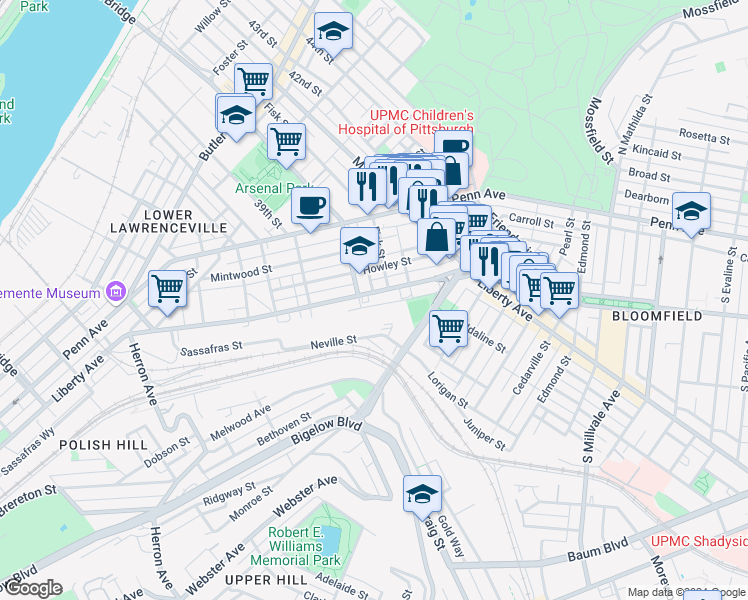 map of restaurants, bars, coffee shops, grocery stores, and more near 4016 Ewing Street in Pittsburgh