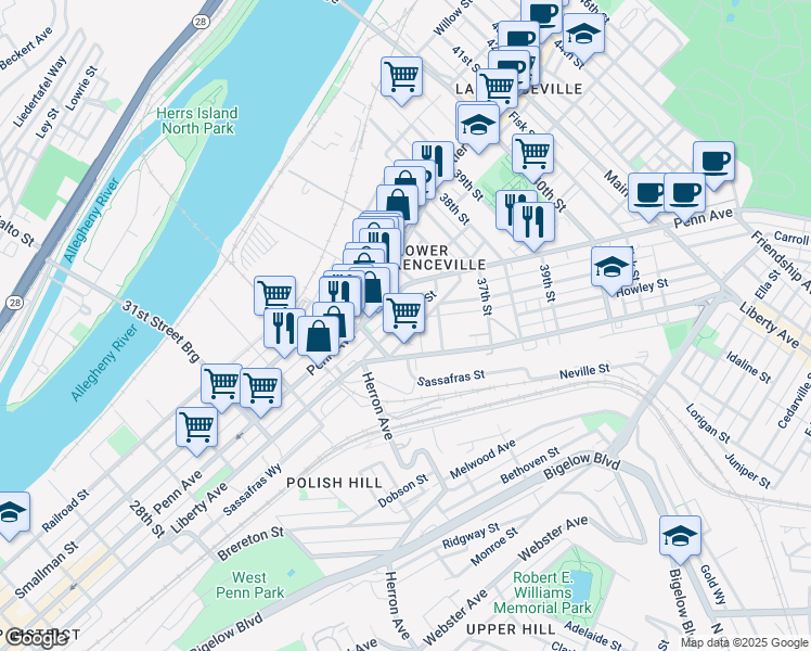 map of restaurants, bars, coffee shops, grocery stores, and more near 3500 Denny Street in Pittsburgh
