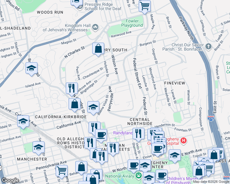 map of restaurants, bars, coffee shops, grocery stores, and more near 302 Langley Street in Pittsburgh