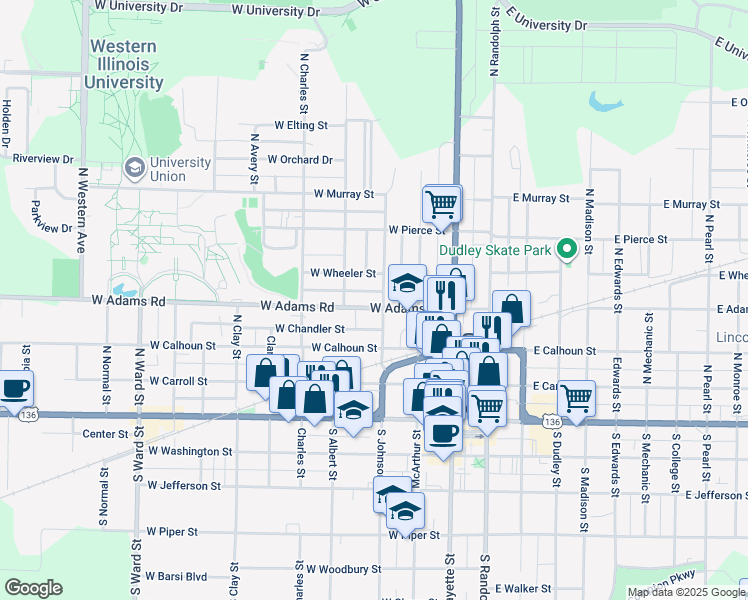 map of restaurants, bars, coffee shops, grocery stores, and more near 302 West Adams Road in Macomb