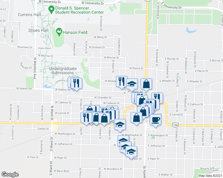 map of restaurants, bars, coffee shops, grocery stores, and more near 404 West Adams Road in Macomb
