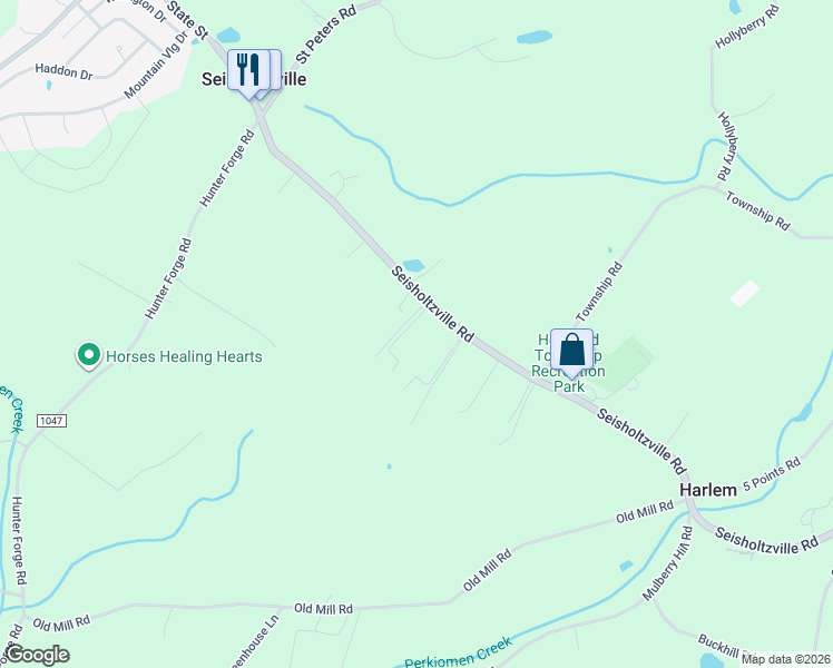 map of restaurants, bars, coffee shops, grocery stores, and more near 3052 Seisholtzville Road in Macungie