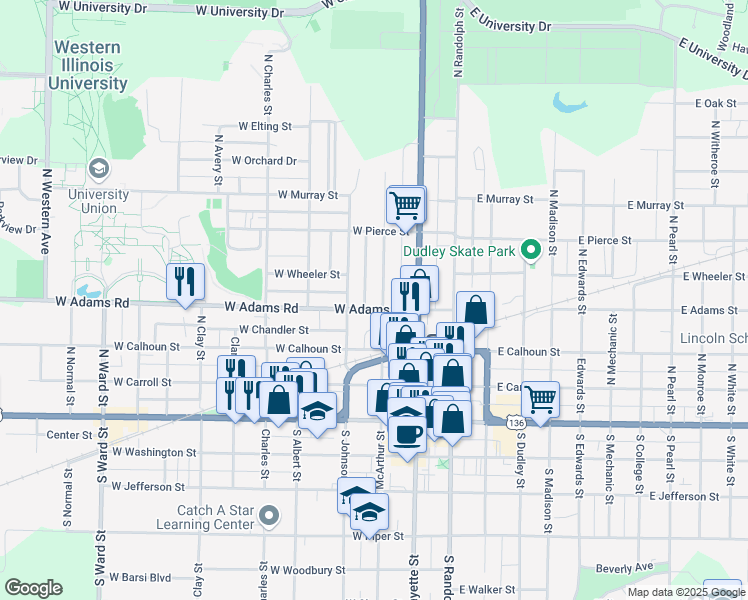 map of restaurants, bars, coffee shops, grocery stores, and more near 406 North McArthur Street in Macomb