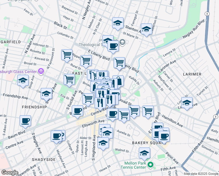 map of restaurants, bars, coffee shops, grocery stores, and more near 6066 Harvard St in Pittsburgh